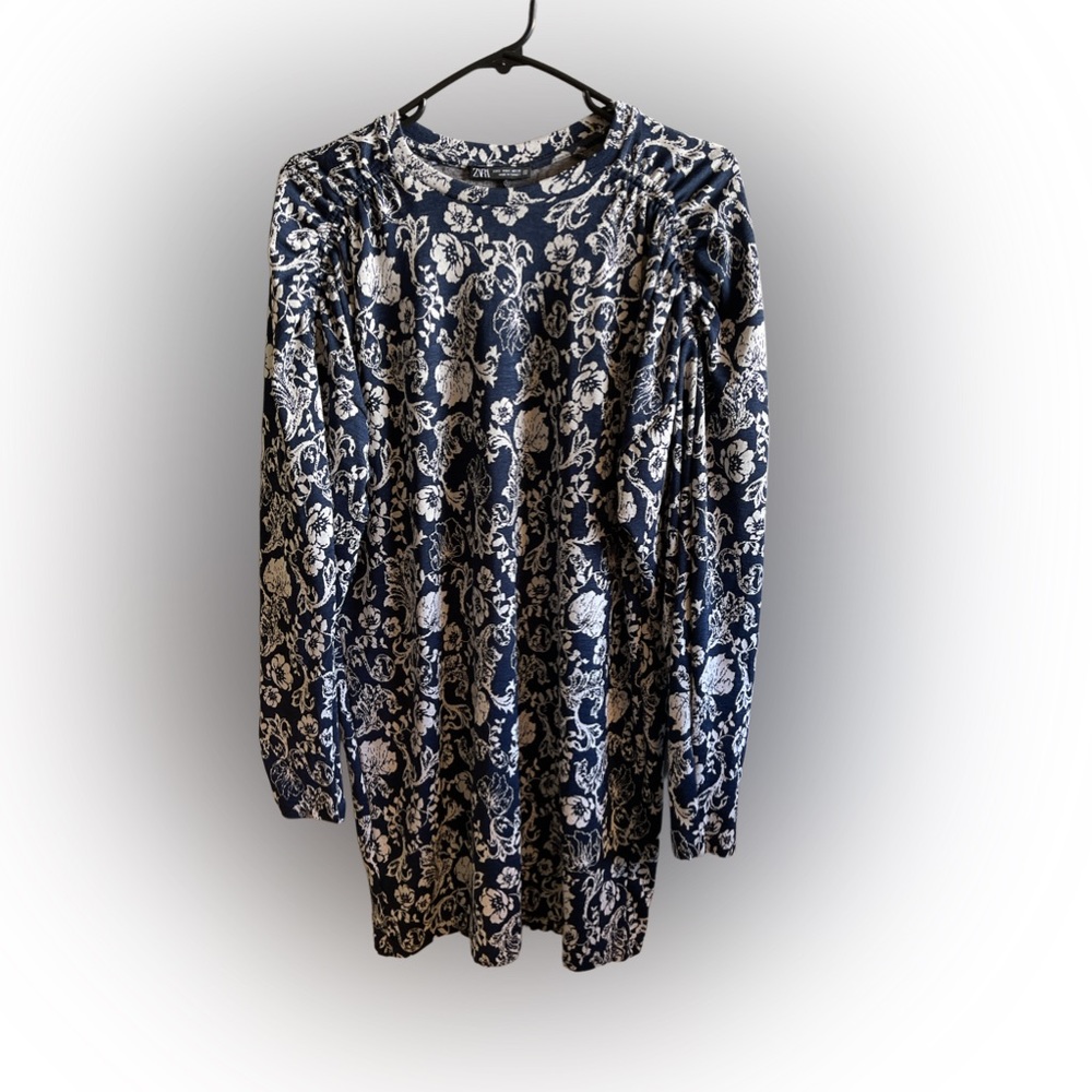 Zara Floral Jacquard Short Dress Round Neckline and Long Sleeves Blue Size small